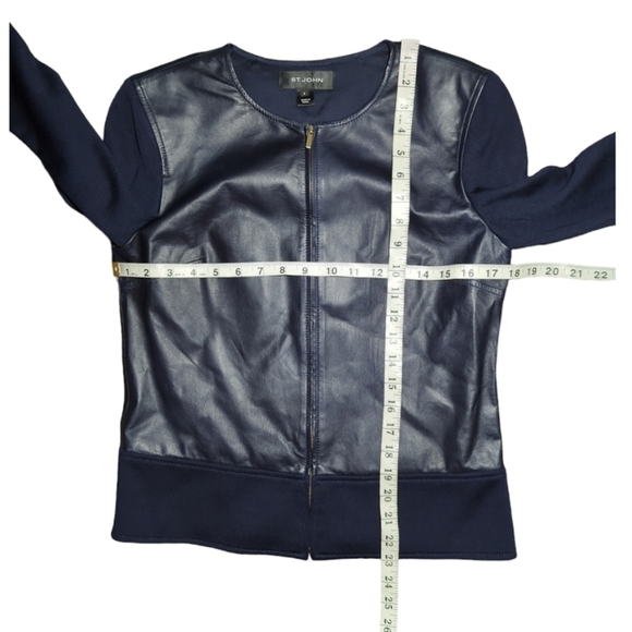ST. John Blue Leather / Silk / Wool Blend Biker Jacket Size 2 - Picture 5 of 6